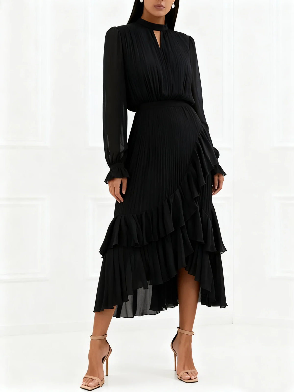 Elegant Ruffle Long Sleeve Dress for Women Chic Spring Summer Layered A Line Dress Lady Pleated Verstidos Prom Party Gowns