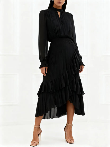 Elegant Ruffle Long Sleeve Dress for Women Chic Spring Summer Layered A Line Dress Lady Pleated Verstidos Prom Party Gowns