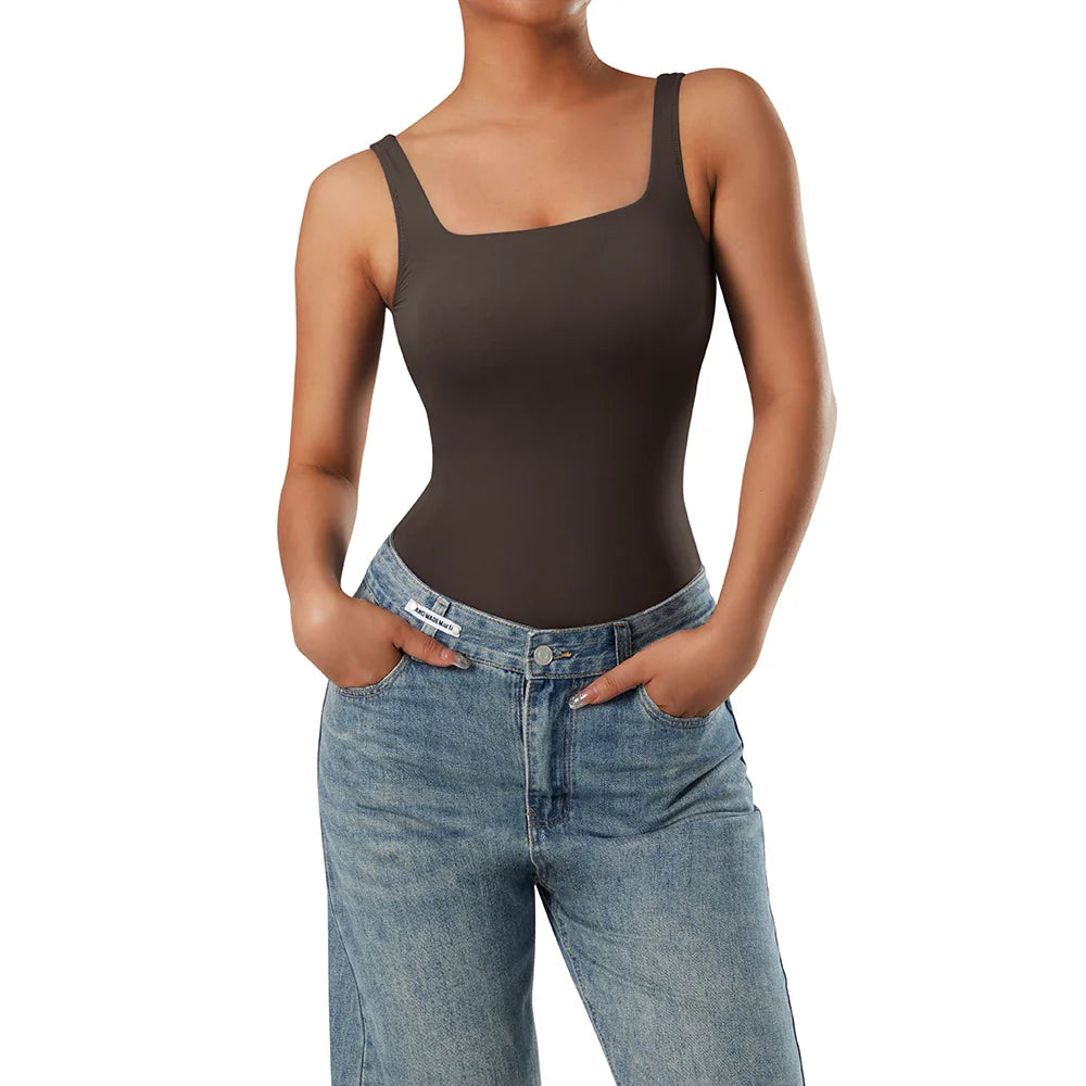 Bodysuits Women Sexy Body Suit One-Piece Romper Solid Sexy Sleeveless Square Neck Padded Tank Tops Jumpsuit Streewear Ladies