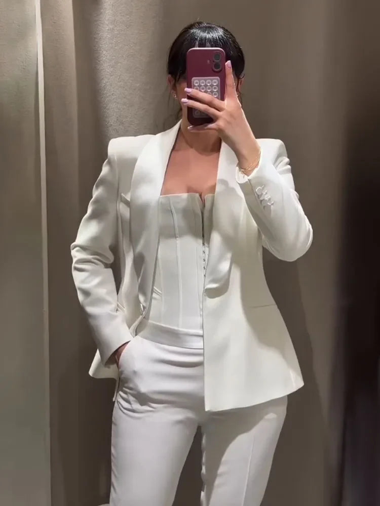HH 2026 Women New Fashion Solid 2-Piece Set Single Button Long Sleeve Blazer Jacket+High Waist Zipper Pockets Solid Long Pants