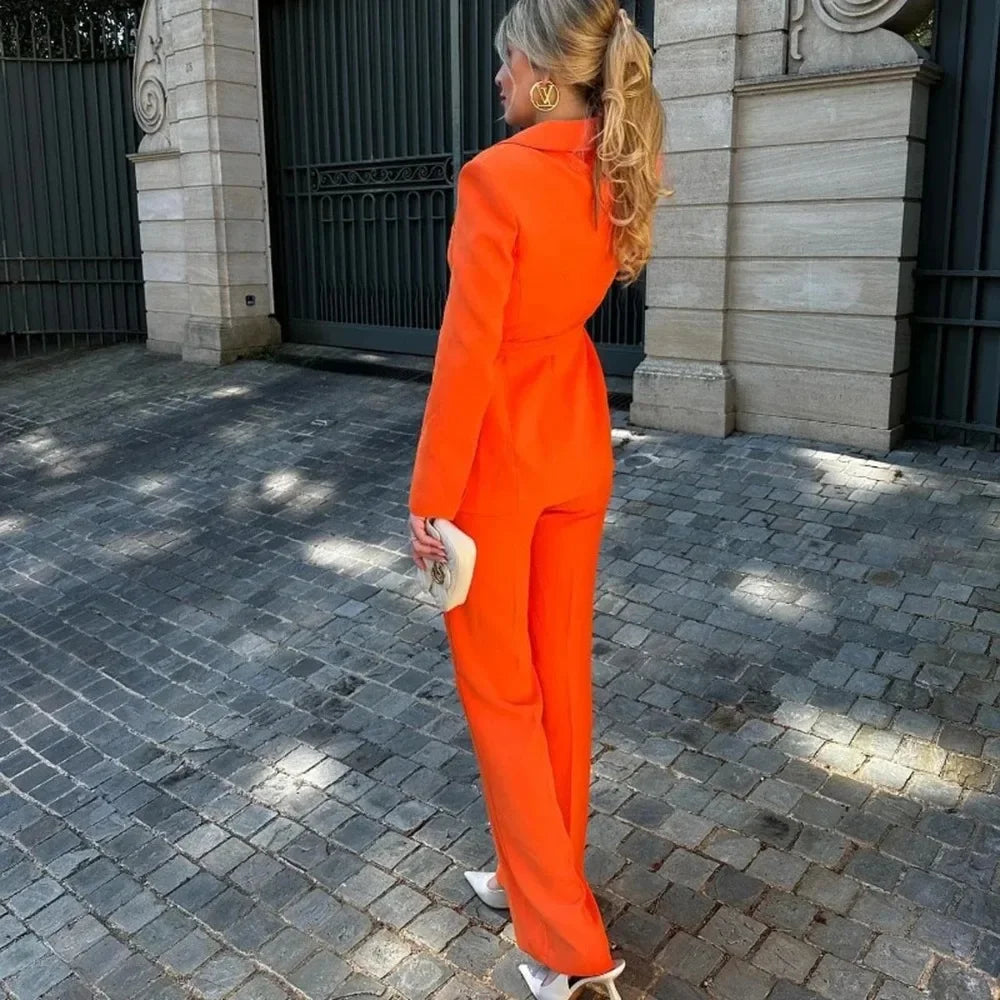 Spring and Autumn Women's Casual Blazer Chic Outerwear Slim Straight Pants Long Sleeve V-Neck Belted Office Commuter Suit Set
