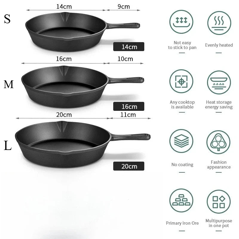 14/16/20cm Cast Iron Frying Pan Non-stick Skillet Omelette Pancake Breakfast Pan Induction Cookware Kitchen Pot