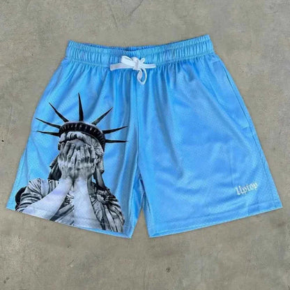 European and American men's summer Statue of Liberty print comfortable breathable drawstring shorts outdoor casual shorts