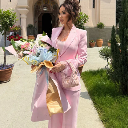 HXAO Woman Suits Blazer And Pants Feathe Long Sleeve Formal Pants Sets 2 Piece Set Office Casual Pink Suit Blazer Sets Two-Piece