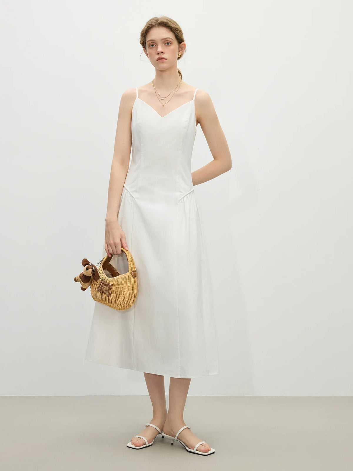 FSLE【4 Colors】Women Spring Strappy Dress 100% Cotton Temperament Simple A-LINE Dresses 2025 Spring White Dress 25FS11073
