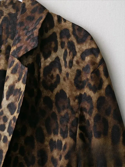 KONDALA Vintage Leopard Print Women Suits V Neck Sashes Long Sleeve Oversized Blazer+Wide Leg Pants Fashion 2025 Autumn Suits