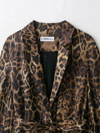 KONDALA Vintage Leopard Print Women Suits V Neck Sashes Long Sleeve Oversized Blazer+Wide Leg Pants Fashion 2025 Autumn Suits