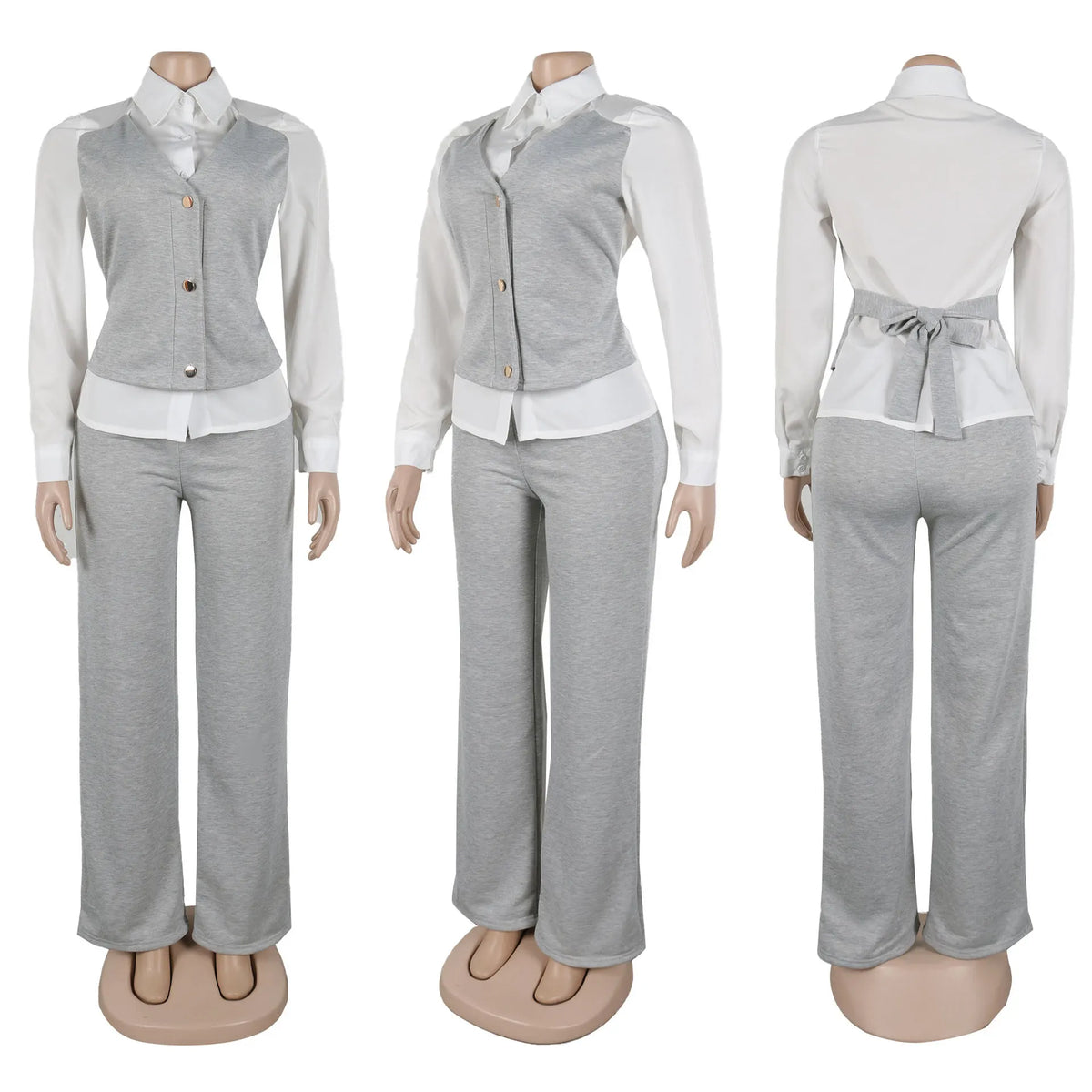 HLJ Elegant Lady Patchwork Shirts Two Piece Sets Women Lapel Long Sleeve Button Top And Pants Outfits Autumn OL 2pcs Clothing