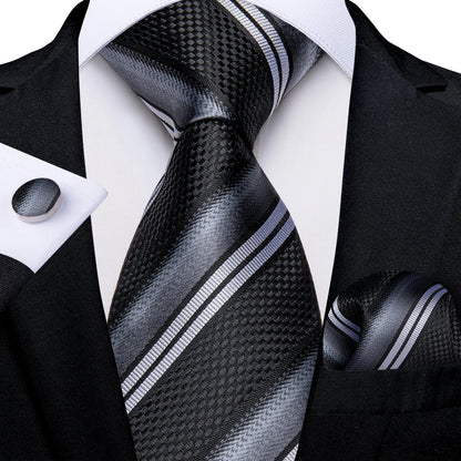 Men's Black Ties Handkerchief Cufflinks Business Formal Floral Striped Solid 8cm Necktie Gift for Husband Wedding Accessories