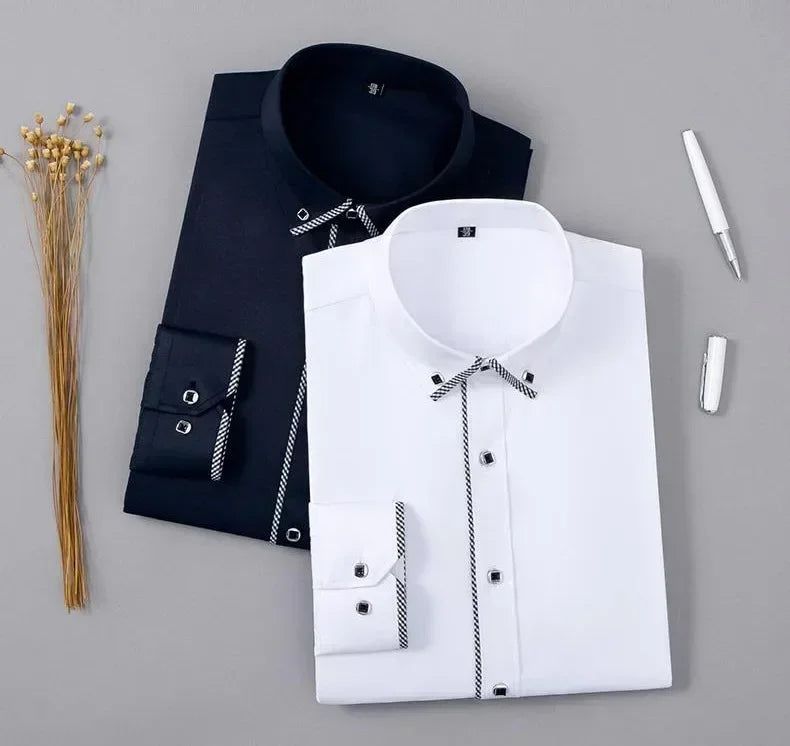 Spring and Autumn Men Dress Shirt Long Sleeve Trim Business Casual Solid Color Shirt Slim Fit White Base Layer Shirt for Male