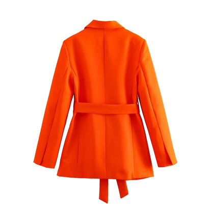 Spring and Autumn Women's Casual Blazer Chic Outerwear Slim Straight Pants Long Sleeve V-Neck Belted Office Commuter Suit Set