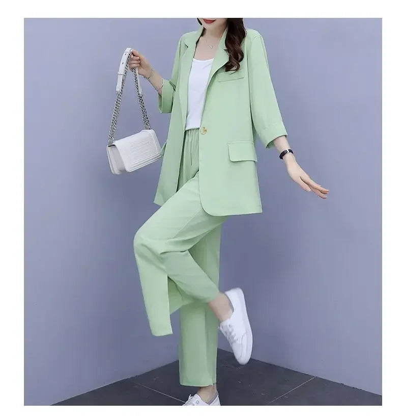 2026 Women Spring New Casual Blazers Jacket Trousers Matching Set Korean Elegant Loose Suit Coat Pants Two Piece Female Clothing