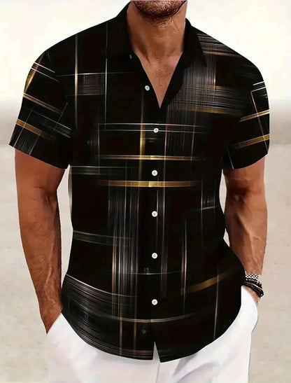 Summer Men's Geometric Grid  Plaid Shirts Short Sleeve Turndown Hawaiian Shirt Button Up Shirts No Pockets Shirts
