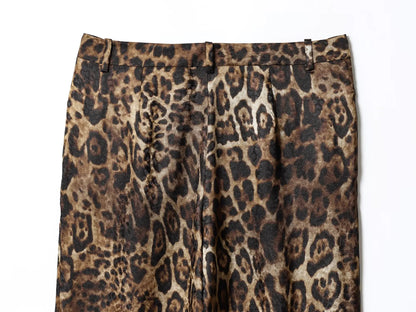 HH Women Autumn 2-Piece Set Chic Leopard Print Turn-Down Collar Pockets Belt Design Blazers+High Waist Zipper Wide-Leg Pants
