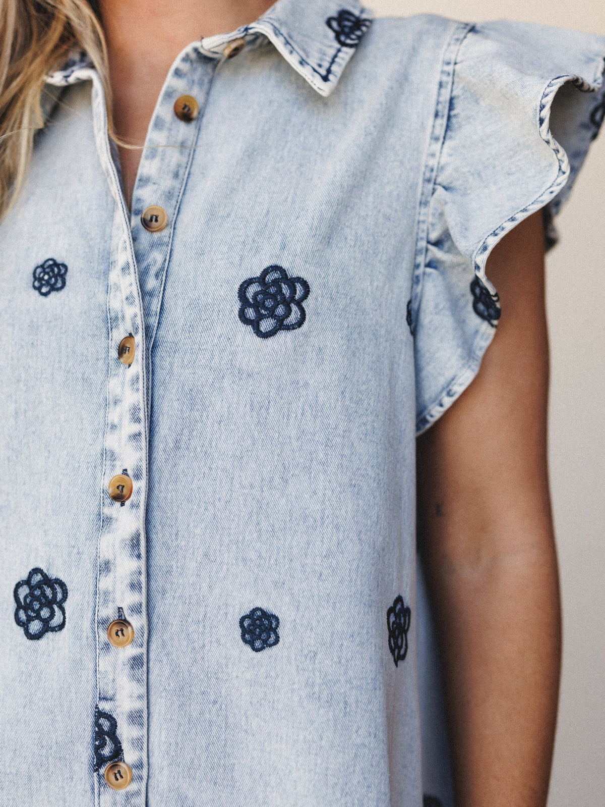 Honey Bloom Embroidered Dress - Washed Denim
