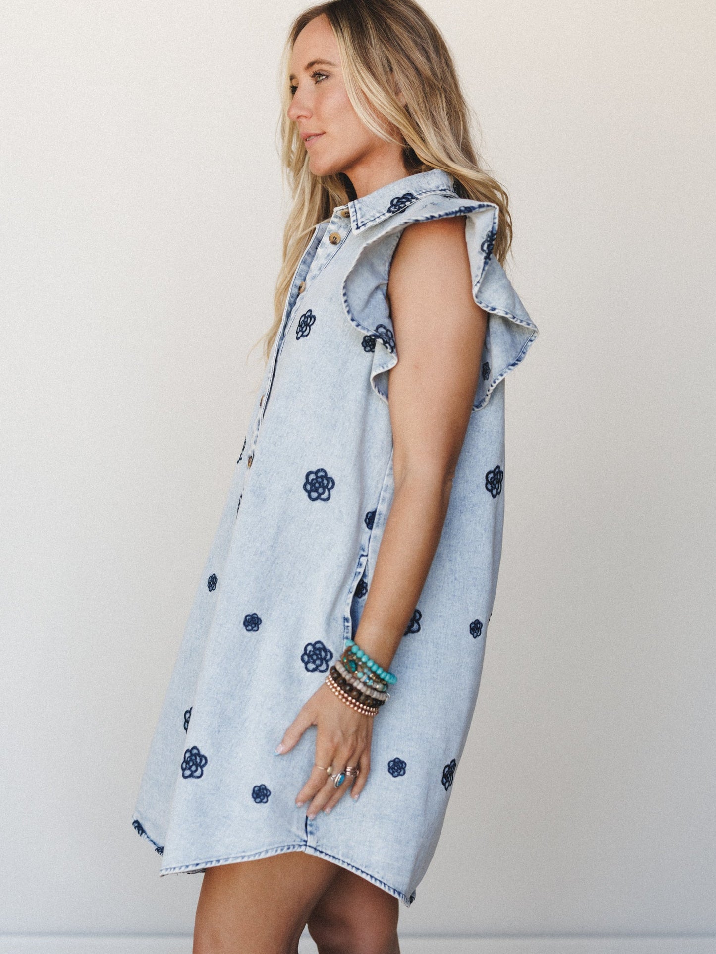 Honey Bloom Embroidered Dress - Washed Denim