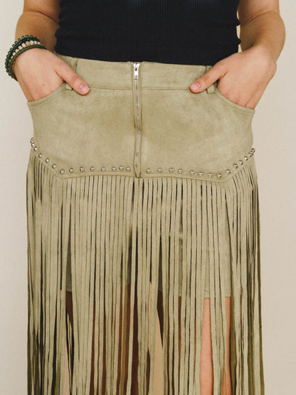 Here for a Good Time Fringe Shorts - Light Olive