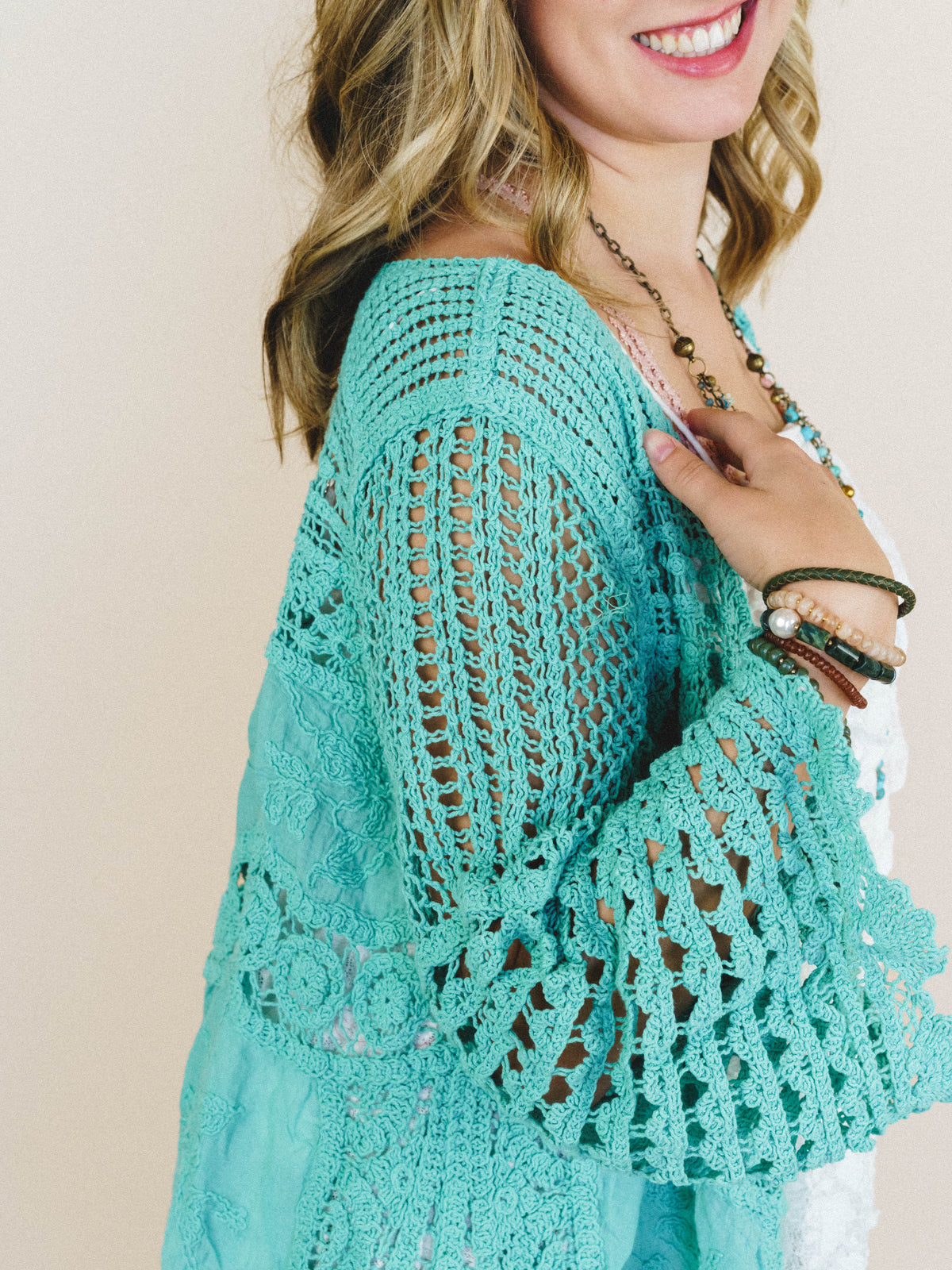 Crochet Duster Kimono - Aqua Teal