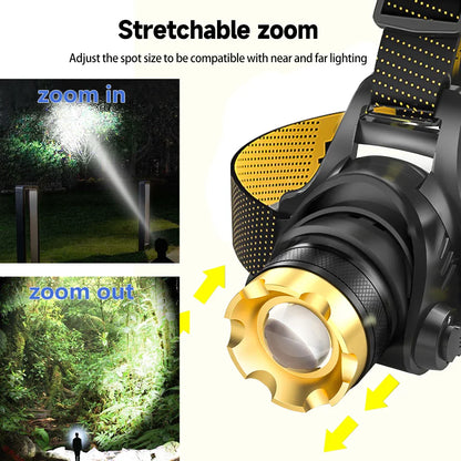 Led Headlamp USB Rechargeable Powerful Batteries Headlight Camping Search Light Head Flashlight 90° Adjustable Head Strap Lamp