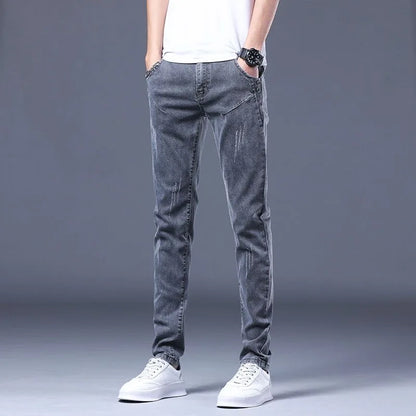 2023 Spring and Autumn New Classic Fashion Solid Color Elastic Jeans Men's Casual Slim Breathable High-Quality Small Feet Pants
