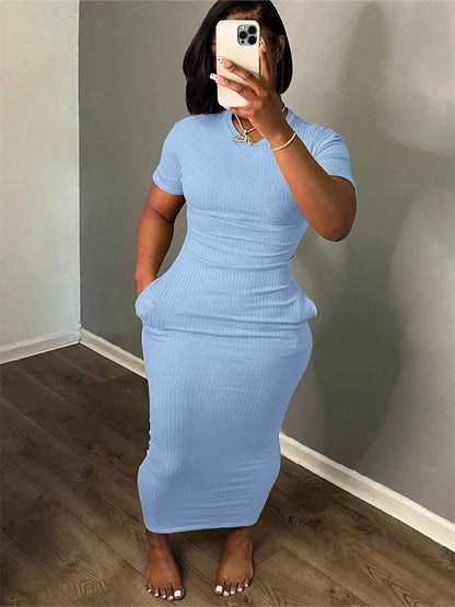 Plus Size 2024 Summer New Round Neck Short Sleeve Slim Hottie  Ladies' Stylish Summer Solid Versatile Bodycon Dress