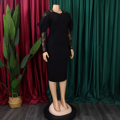 Sexy Bodycon Dresses for Women O Neck Lace Sleeve Sheath Package Hips Mid Calf Female Luxury Birthday Party Dinner Vestidos