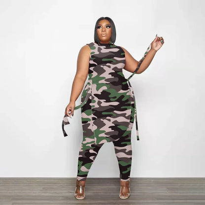 Camouflage Plus Size Women Clothing Two Piece Outfits Sleeveless Round Neck Bandage Crop Tops Pants Sets Wholesale Drop Shipping