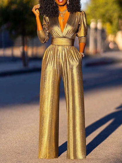 Bonboho Women's Solid Color Jumpsuit Deep V-neck Three-Quarter Sleeves High Waist Wide Leg Oe-piece Suit Summer Casual Jumpsuits