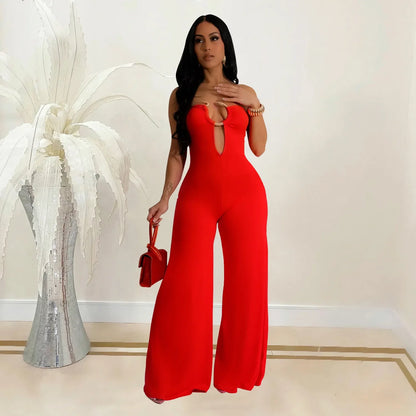 Summer Sexy Backless Women's Jumpsuit Fashionable Slim Fit Elegant Package hip Wide Leg Long Pants Female Party Jumpsuit 2025