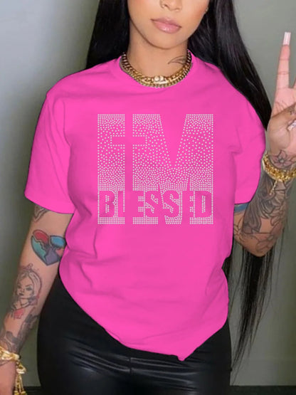 LW Women's Plus Size T-Shirts Letter Graphic Short Sleeve T-shirt Tee Women Casual Rhinestone Decor Tops Summer Women's Clothing