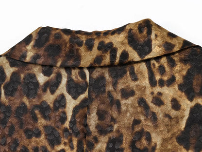HH Women Autumn 2-Piece Set Chic Leopard Print Turn-Down Collar Pockets Belt Design Blazers+High Waist Zipper Wide-Leg Pants