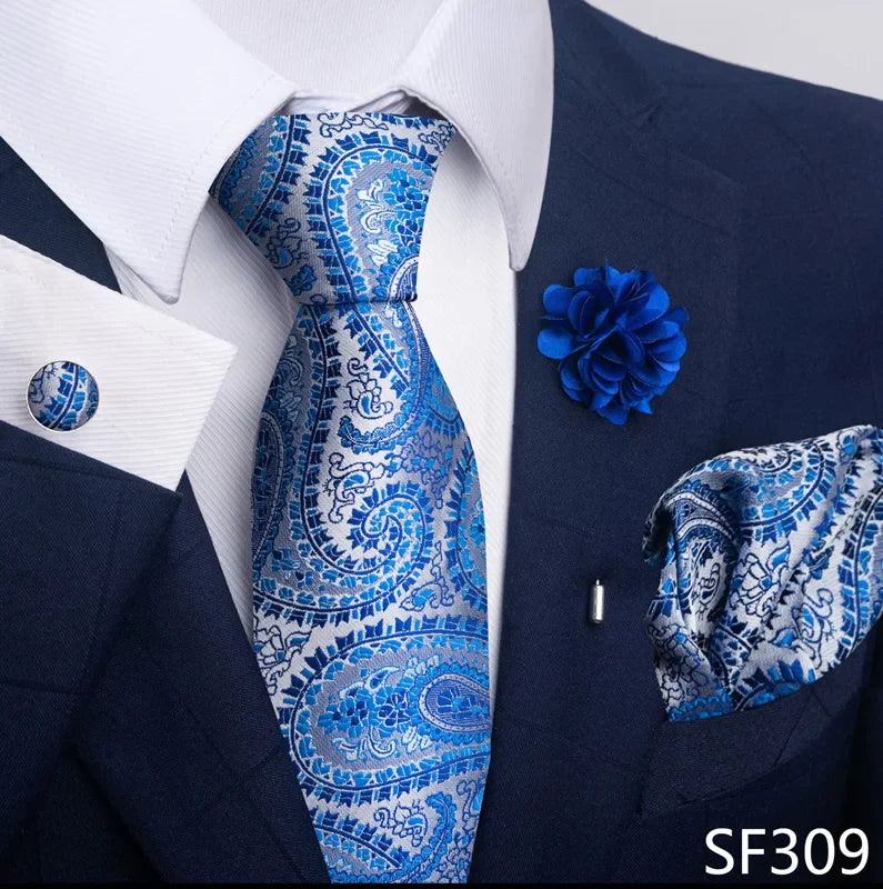 Luxury Mens Ties Floral Black Gold Ties Paisley NeckTie Pocket Square Cufflinks Brooch Set Men's Wedding Party Tie