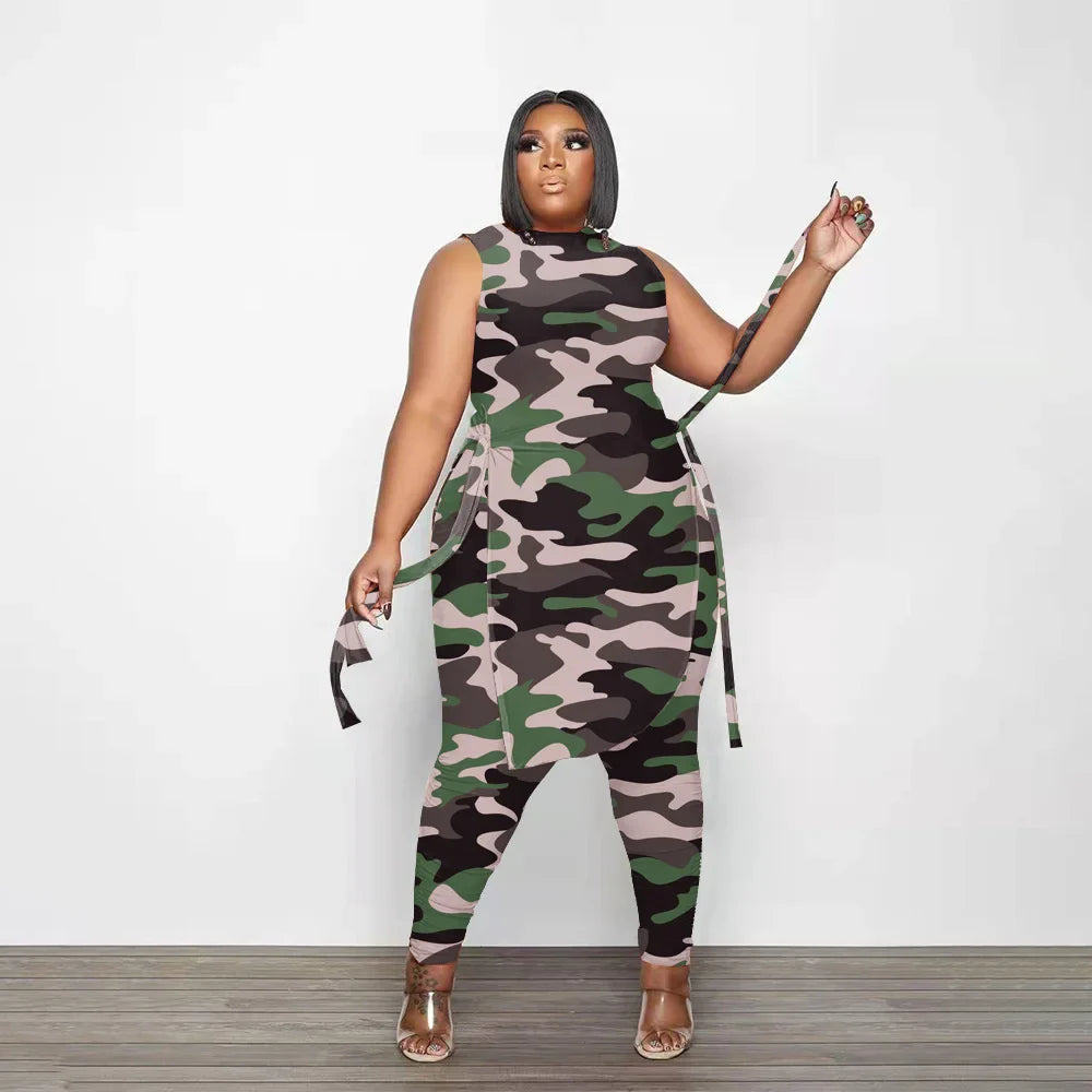 Camouflage Plus Size Women Clothing Two Piece Outfits Sleeveless Round Neck Bandage Crop Tops Pants Sets Wholesale Drop Shipping