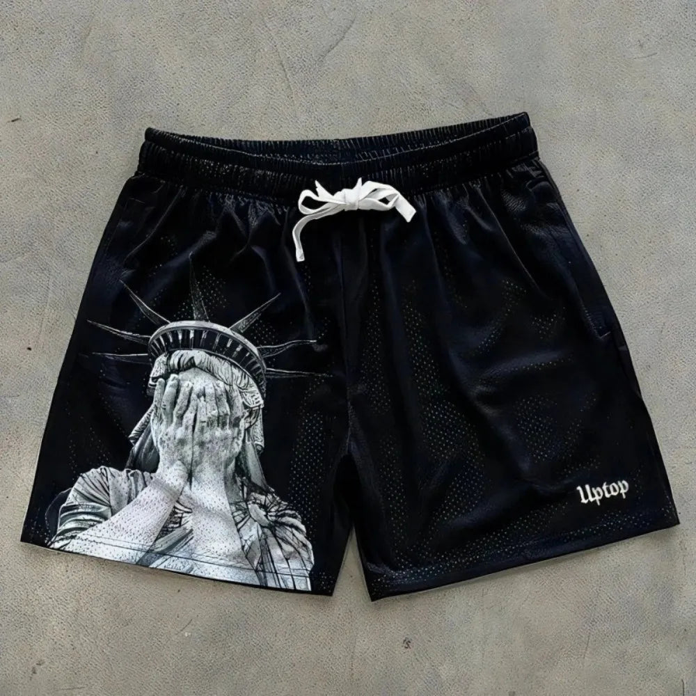 European and American men's summer Statue of Liberty print comfortable breathable drawstring shorts outdoor casual shorts