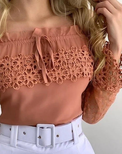 Elegant Women's blouses Fashion 2024 Lace Spliced Off Shoulder Guipure Lace Long Sleeve Tassel Drawstring Top