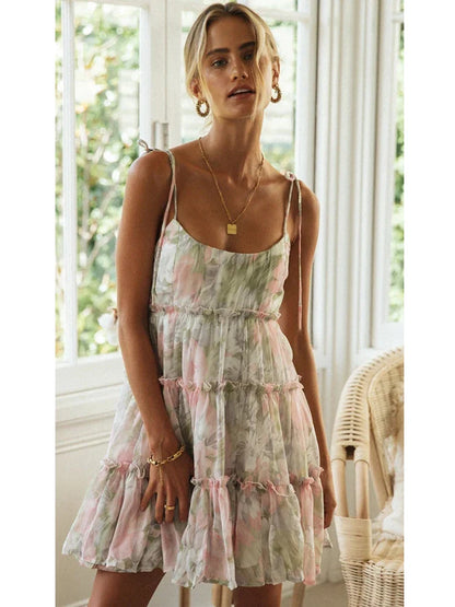 Spring Summer Print Floral Dress for Women Chiffon Strapless Sleeve Backless Ruffles Mini Dress Chic Lady Beach Vacation 2025 Fa