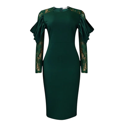 Sexy Bodycon Dresses for Women O Neck Lace Sleeve Sheath Package Hips Mid Calf Female Luxury Birthday Party Dinner Vestidos