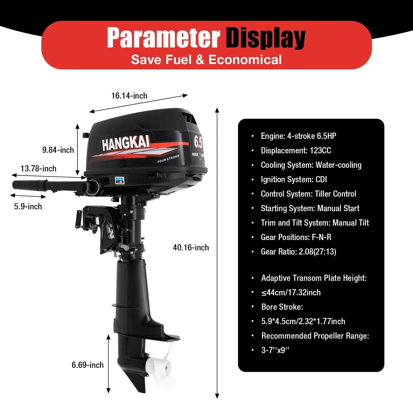 4-Stroke 6.5HP Outboard Motor 123CC, Gasoline Engine with with CDI Ignition & Water-cooling System for Inflatable Fishing Boat