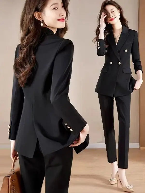 Black Career Suit Set for Women Spring Autumn 2025 New Style Student Uniform Long Sleeve Polyester Fiber Workwear Pants