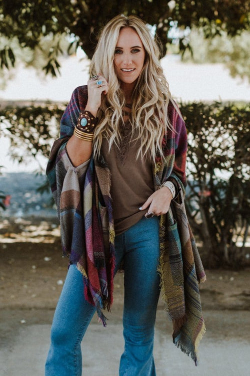 Cozy Plaid Pocket Ruana Wrap - Fuchsia - Pre Order