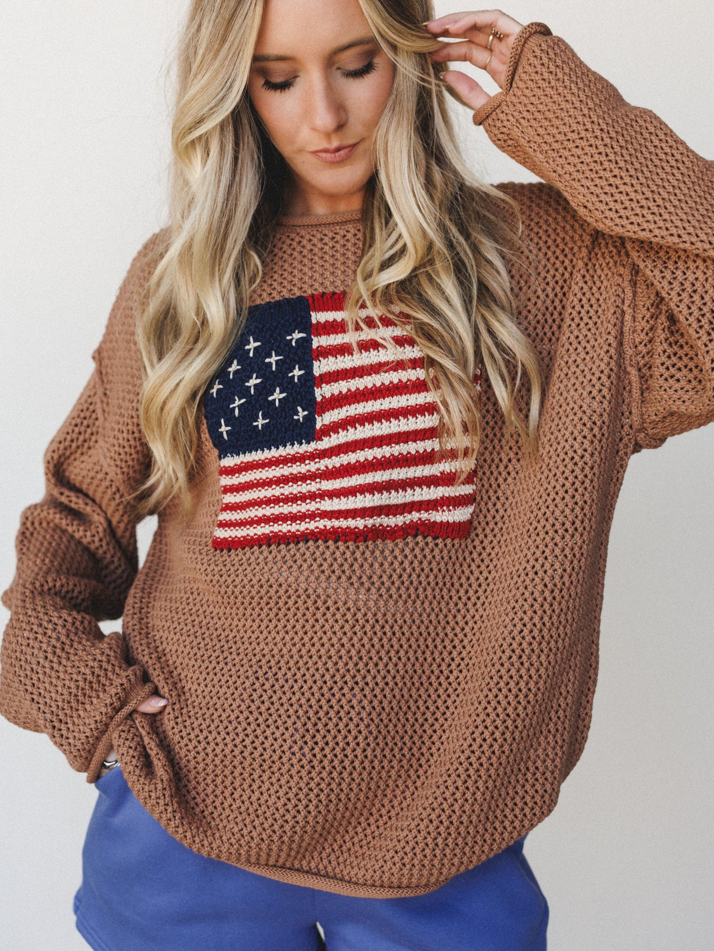 Americana Open Knit Sweater - Deep Camel