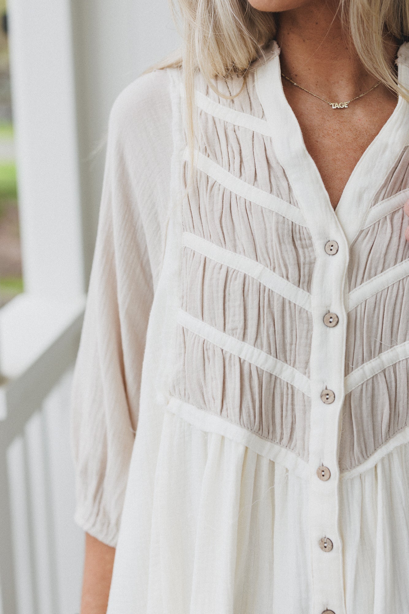 Divided Lines Button Down Tunic - Cream