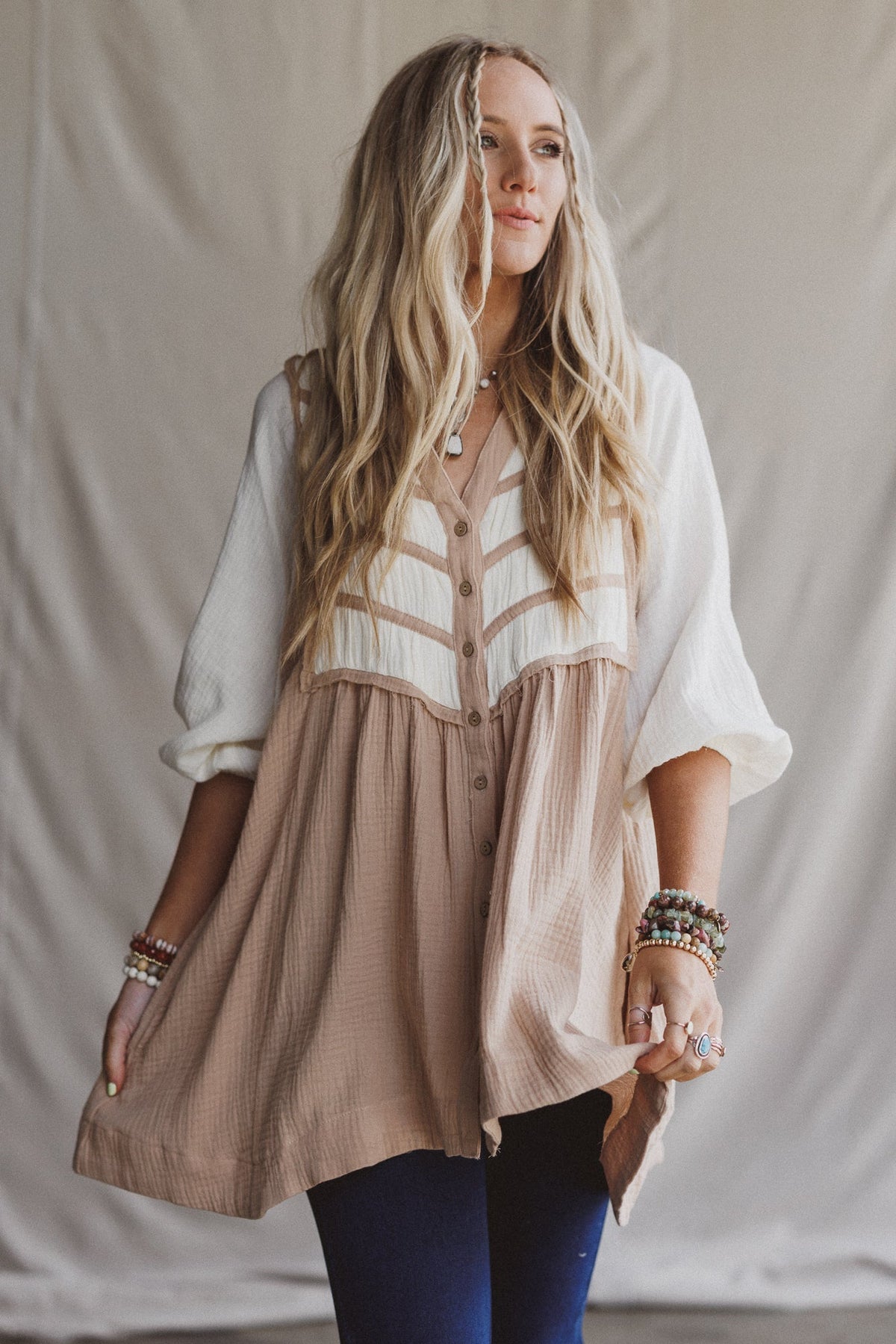 Divided Lines Button Down Tunic - Taupe