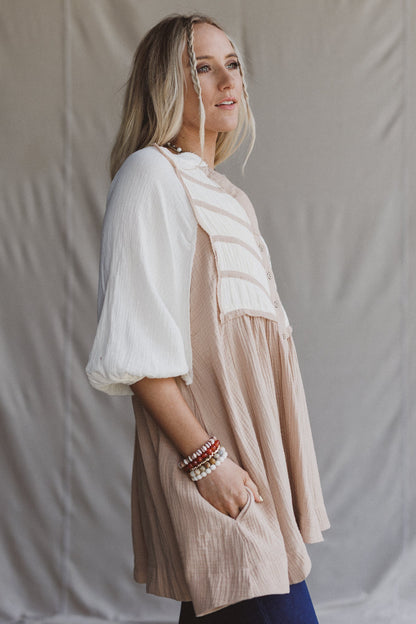 Divided Lines Button Down Tunic - Taupe