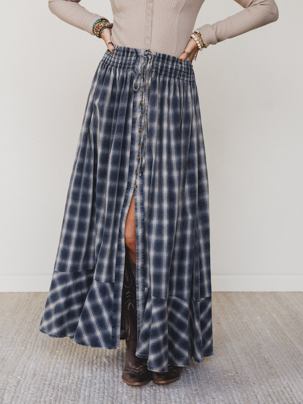 Bonfire Bloom Plaid Skirt - Blue