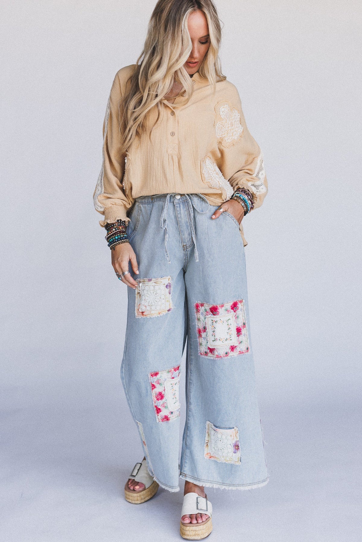 Coastal Lines Striped Patchwork Pants - Denim