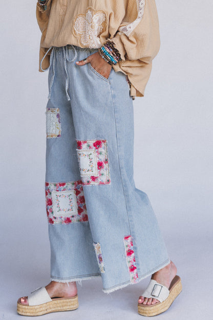Coastal Lines Striped Patchwork Pants - Denim