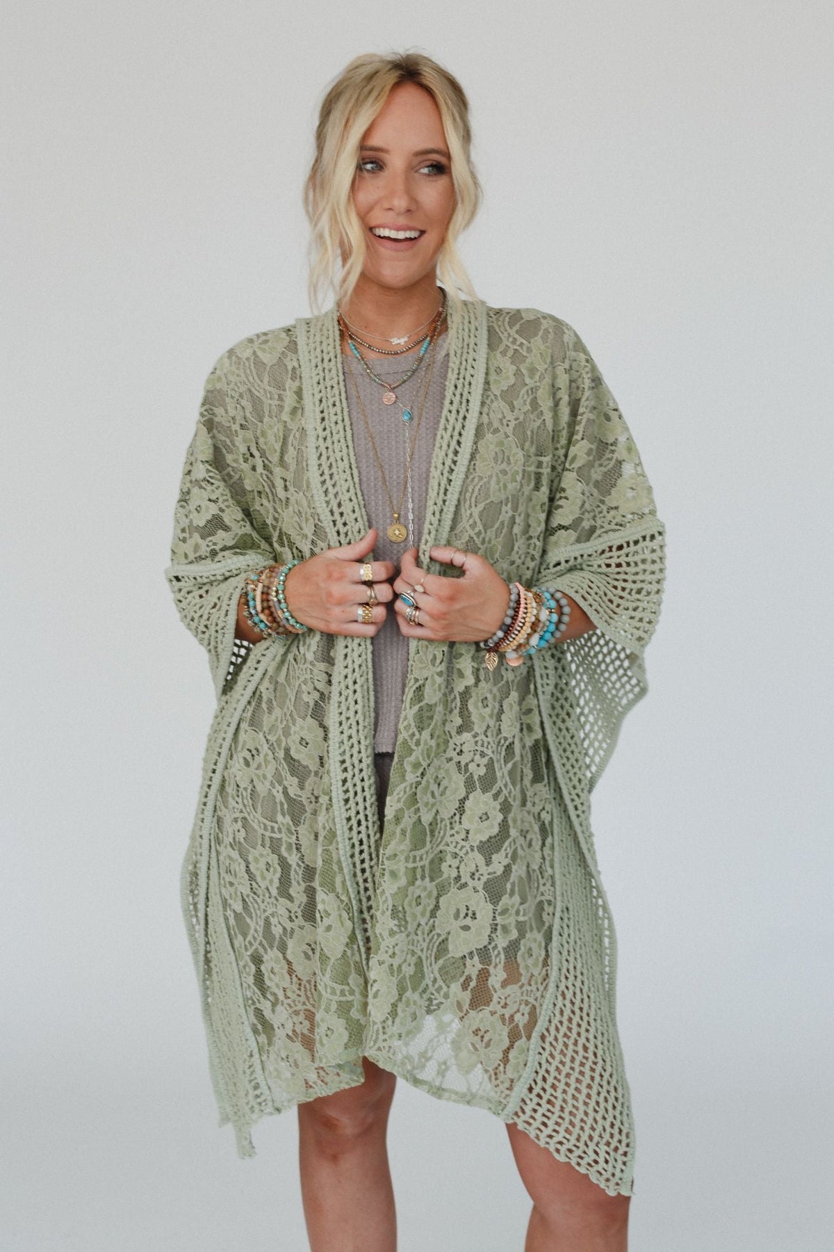 Breezy Floral Lace Kimono - Sage