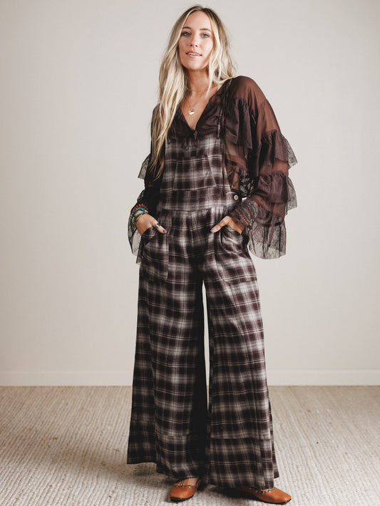 Favorite Flannel Wide Leg Overalls - Chocolate