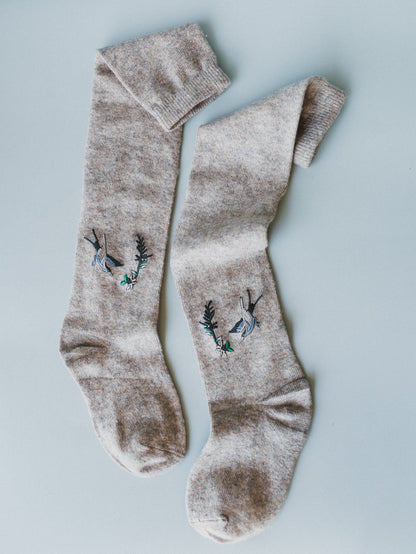 Birds Of A Feather Knee High Socks - Tan